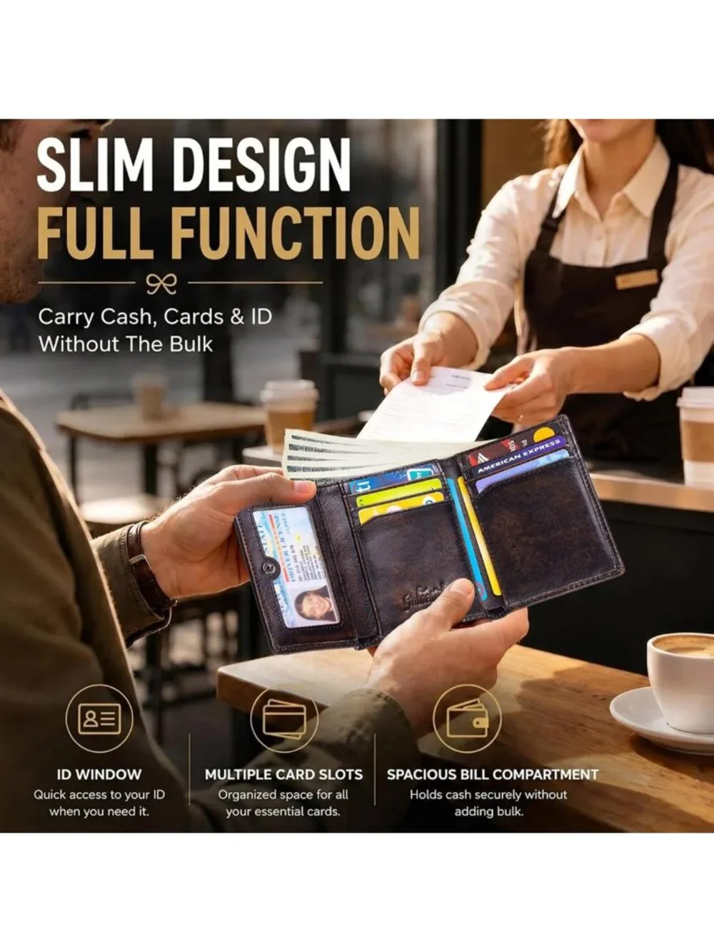 Slim RFID Blocking Trifold Wallet for Men | Top Grain Leather, Stylish